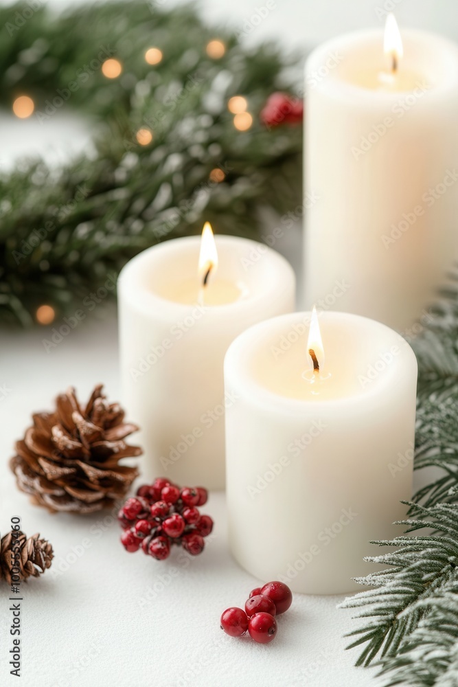 Elegant candles with pine cones and berries on a white background. Elegant candles with pine cones and berries on a white background.
