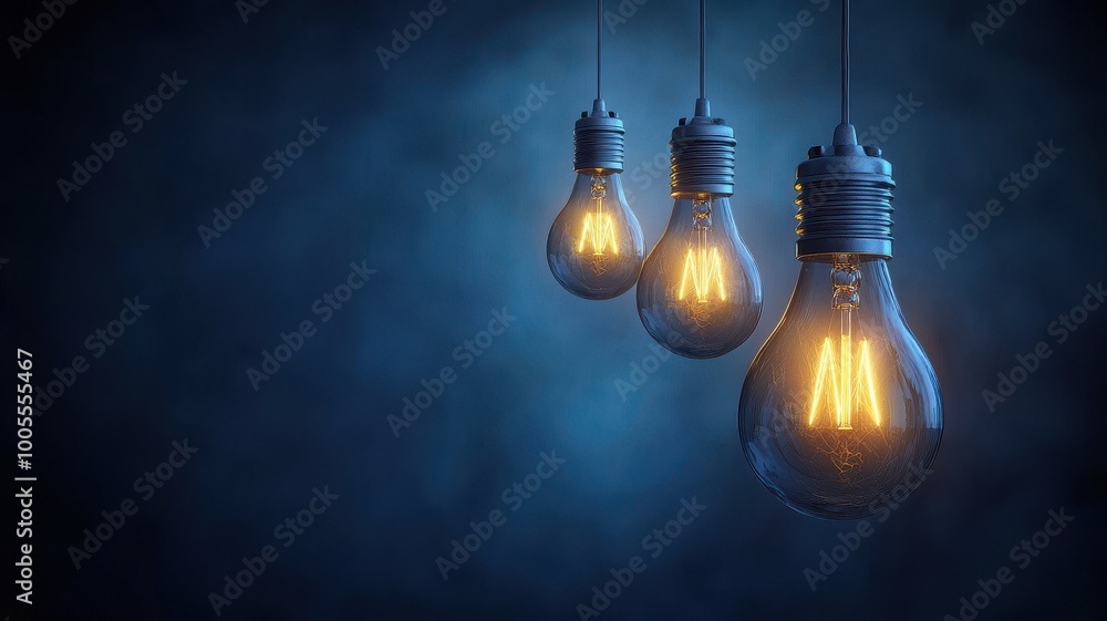 Three glowing light bulbs hanging against a dark blue background. Three glowing light bulbs hanging against a dark blue background.