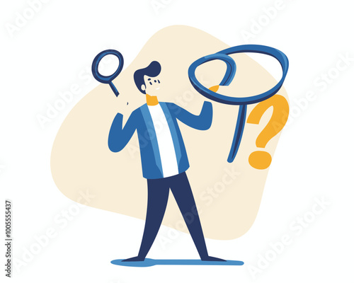 Curious Businessman Holding Magnifying Glass Investigating Data with Question Mark, Minimalist Flat SVG Vector Illustration