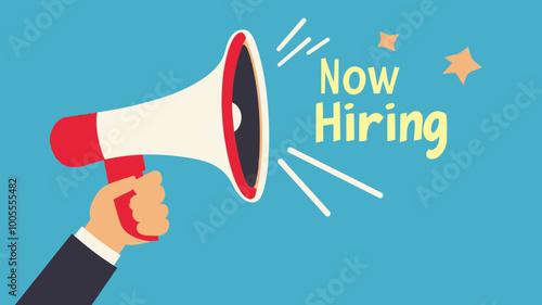 Hand Holding Megaphone Announcing Now Hiring Job Vacancy Recruitment Concept Vector Illustration