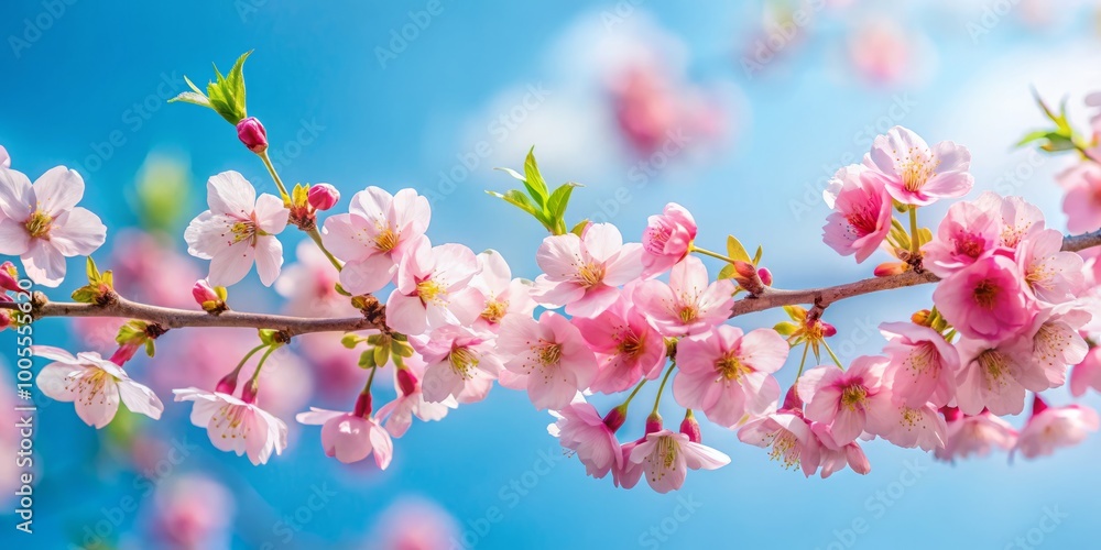 Delicate pink cherry blossoms bloom on a slender branch, set brilliantly against a clear blue sky, evoking tranquility Delicate pink cherry blossoms bloom on a slender branch, set brilliantly against a clear blue sky, evoking tranquility