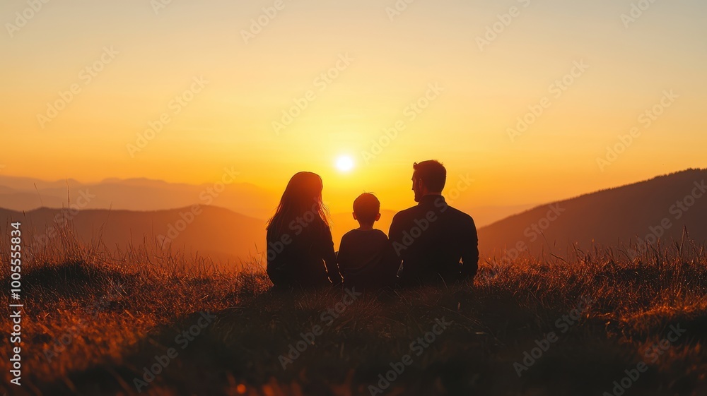 Three silhouettes of a family watching a sunset in a serene landscape. Three silhouettes of a family watching a sunset in a serene landscape.