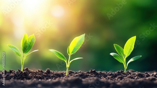 Three young green plants growing in rich soil with a bright background.