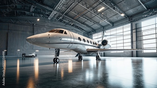 A sleek private jet parked in a modern hangar, showcasing luxury and advanced aviation design in a spacious environment.