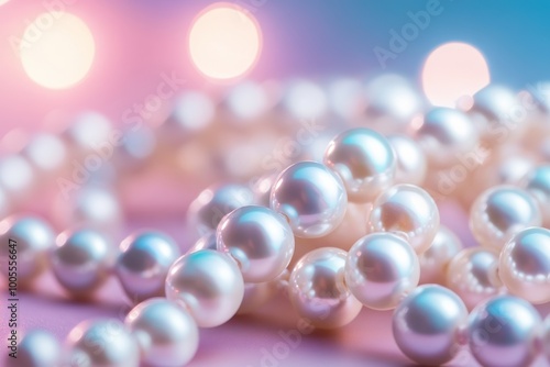 A close-up of shimmering pearl necklaces glistening against a blurred pastel background, evoking elegance and luxury.