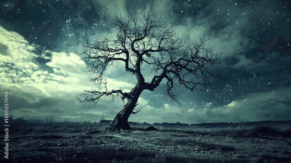 A solitary tree stands against a dramatic sky, evoking a sense of mystery and tranquility under a blanket of stars. A solitary tree stands against a dramatic sky, evoking a sense of mystery and tranquility under a blanket of stars.