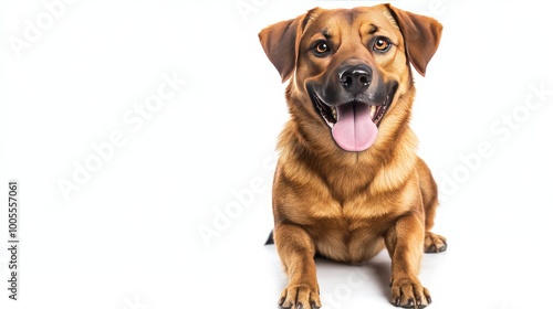 Playful dog sitting on a white background, tongue hanging out in excitement, gazing at the camera with a happy, friendly demeanor.