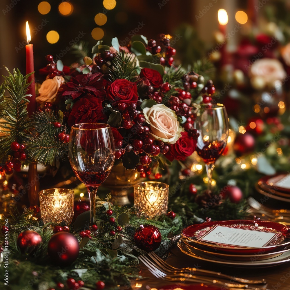 A beautifully decorated Christmas dinner table with red roses, b A beautifully decorated Christmas dinner table with red roses, b