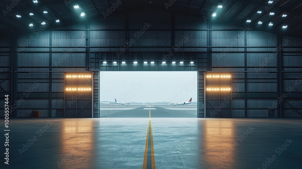 A spacious aircraft hangar with bright lights and an open door leading to an airfield, creating a modern aviation atmosphere. A spacious aircraft hangar with bright lights and an open door leading to an airfield, creating a modern aviation atmosphere.