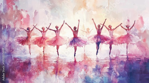 Group of ballerinas performing in unison in a vibrant watercolor scene