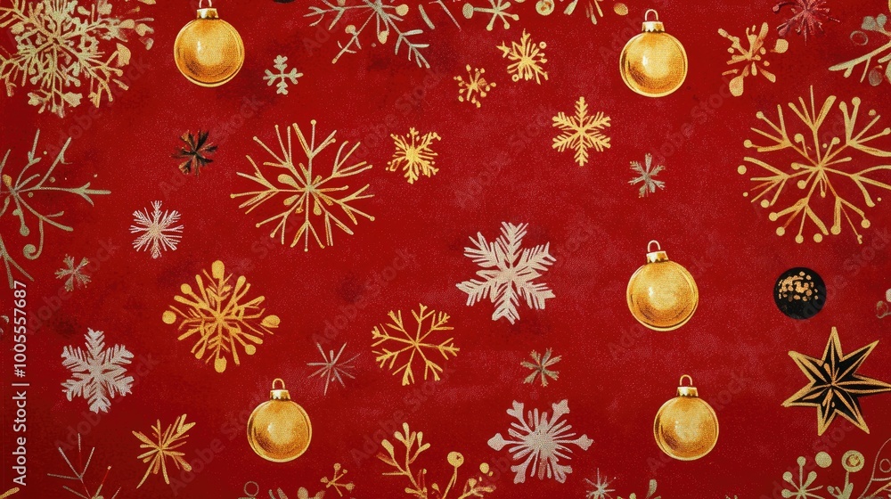 Traditional Christmas paper design with a rich red background, embellished with golden ornaments, festive bells, and snowflake patterns. Traditional Christmas paper design with a rich red background, embellished with golden ornaments, festive bells, and snowflake patterns.