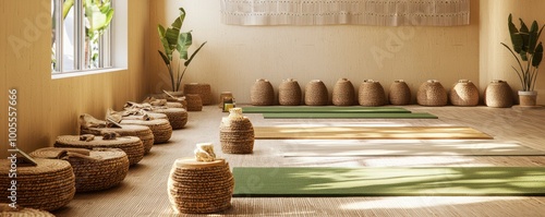 A sustainable yoga studio with mats and props made from natural materials, offering classes in a room painted with VOC-free paints photo