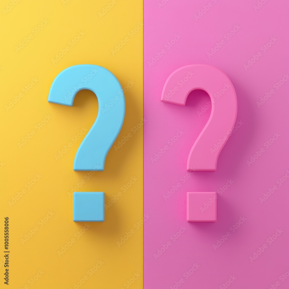 A vibrant image featuring a blue and pink question mark against a yellow and pink background, symbolizing curiosity and inquiry. A vibrant image featuring a blue and pink question mark against a yellow and pink background, symbolizing curiosity and inquiry.