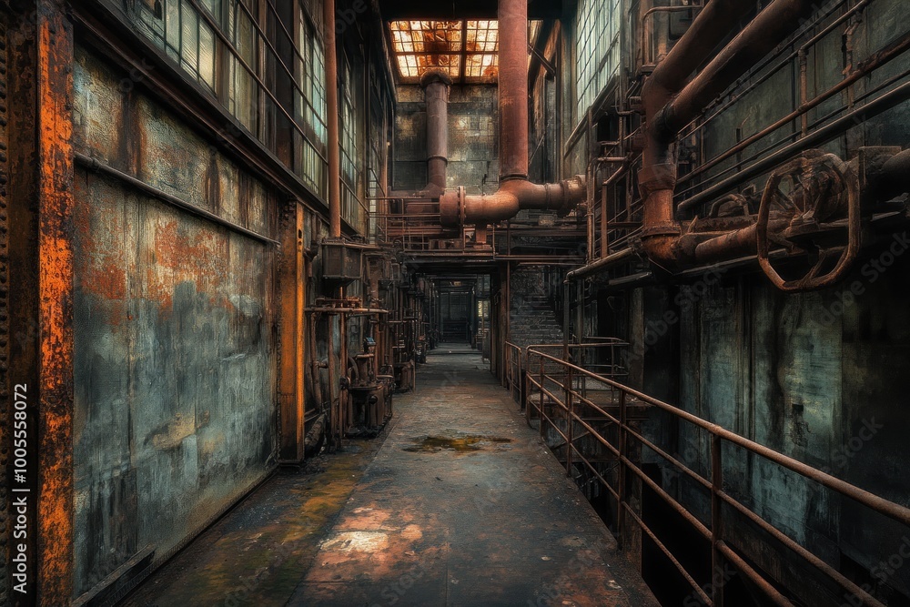 Fototapeta premium Rusty Industrial Corridor with Pipes and Windows