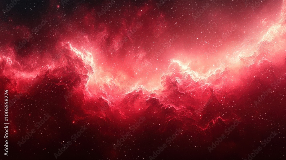 Fototapeta premium A vibrant cosmic nebula illuminated in shades of red, displaying swirling gases and stars against the backdrop of deep space