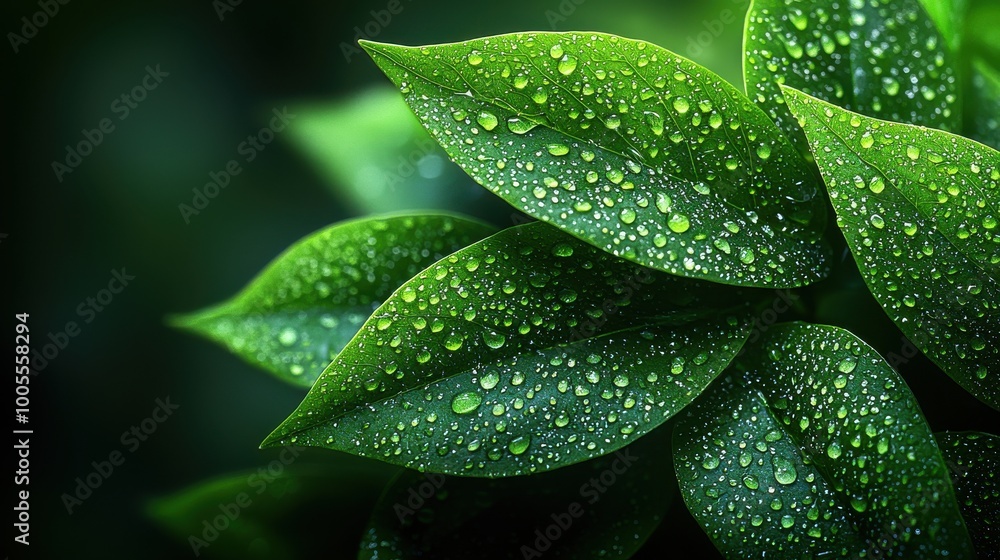 Close-up of fresh green leaves covered in droplets of water, captured in the early morning light in a lush garden Close-up of fresh green leaves covered in droplets of water, captured in the early morning light in a lush garden