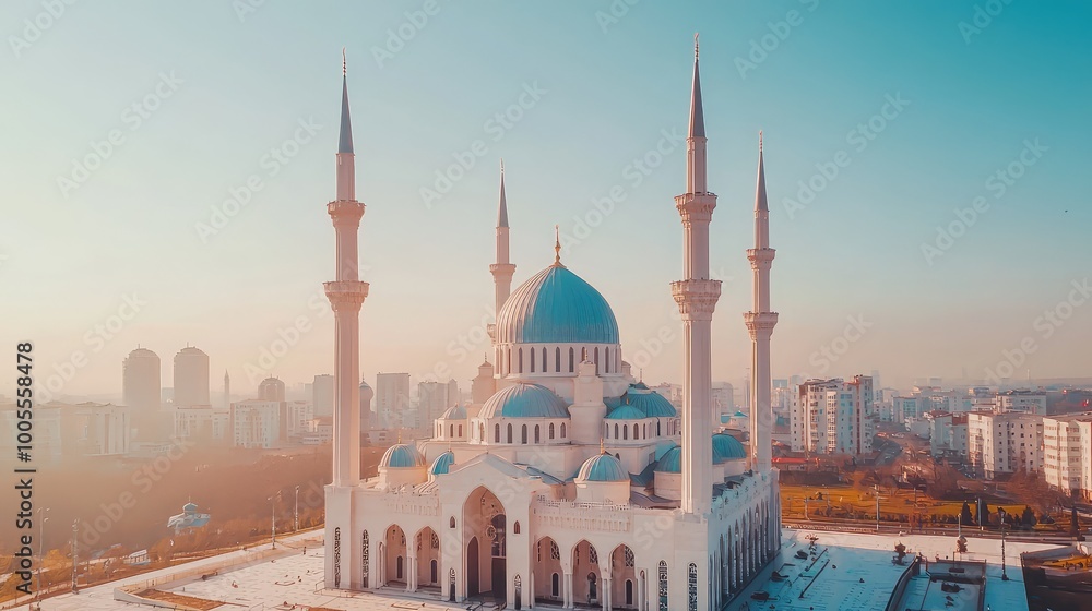 Obraz premium A stunning aerial view of a grand mosque, showcasing intricate architecture and soaring minarets against a city skyline.