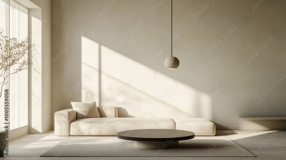 Minimalist living room with beige sofa and round coffee table Minimalist living room with beige sofa and round coffee table