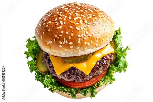 Cheeseburger, top view, isolated on white background, with a juicy beef patty, melted cheddar cheese, fresh lettuce, ripe tomato slices, and pickles, generative ai