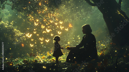 Grandmother and Child in Enchanted Forest with Glowing Butterflies