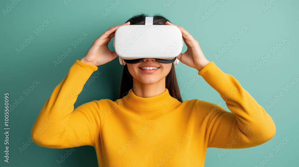 woman wearing white VR headset smiles while enjoying virtual reality woman wearing white VR headset smiles while enjoying virtual reality