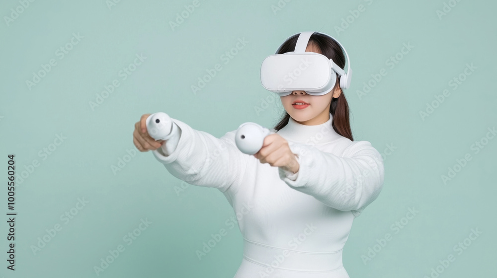 Immersive virtual reality experience with woman in white outfit Immersive virtual reality experience with woman in white outfit