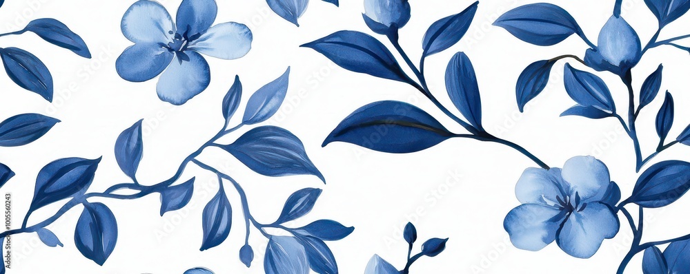 A delicate pattern featuring blue flowers and leaves against a white background, evoking a serene and floral aesthetic. A delicate pattern featuring blue flowers and leaves against a white background, evoking a serene and floral aesthetic.