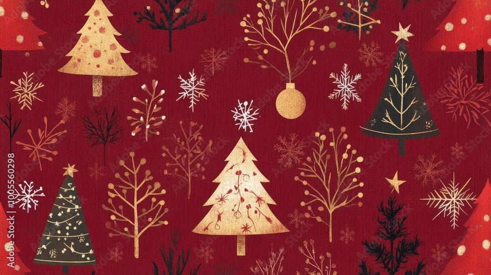 A beautiful Christmas wrapping paper design on a deep red background, featuring festive icons such as Christmas trees, snowflakes, and stars. A beautiful Christmas wrapping paper design on a deep red background, featuring festive icons such as Christmas trees, snowflakes, and stars.