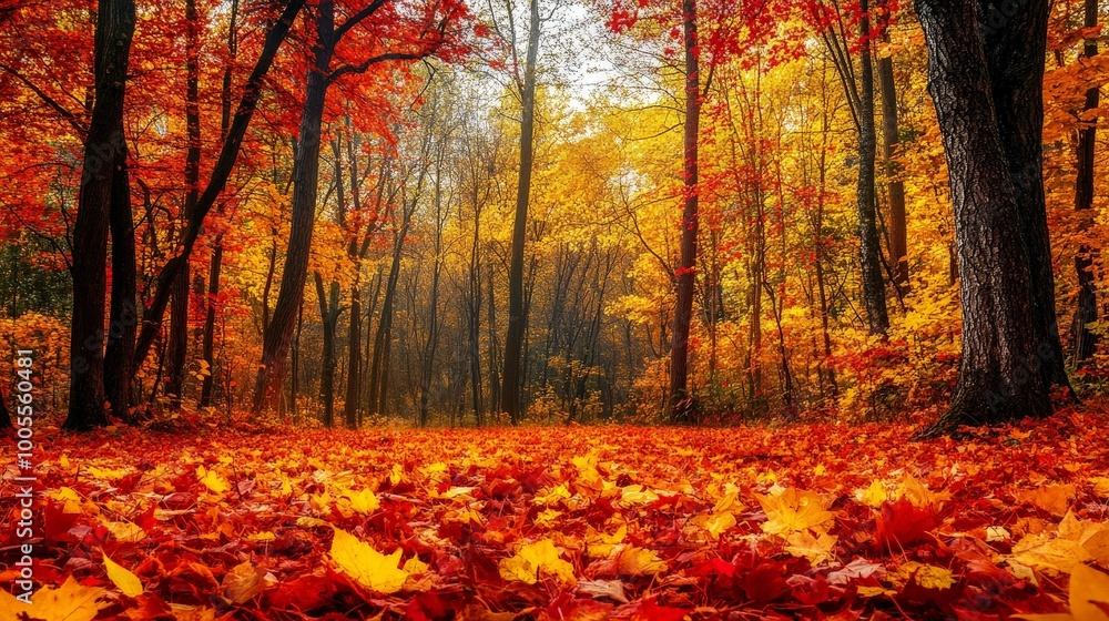 A vibrant autumn forest with trees dressed in shades of red, orange, and yellow. The carpet of colorful fallen leaves and the crisp air create a rich and beautiful seasonal landscape. A vibrant autumn forest with trees dressed in shades of red, orange, and yellow. The carpet of colorful fallen leaves and the crisp air create a rich and beautiful seasonal landscape.