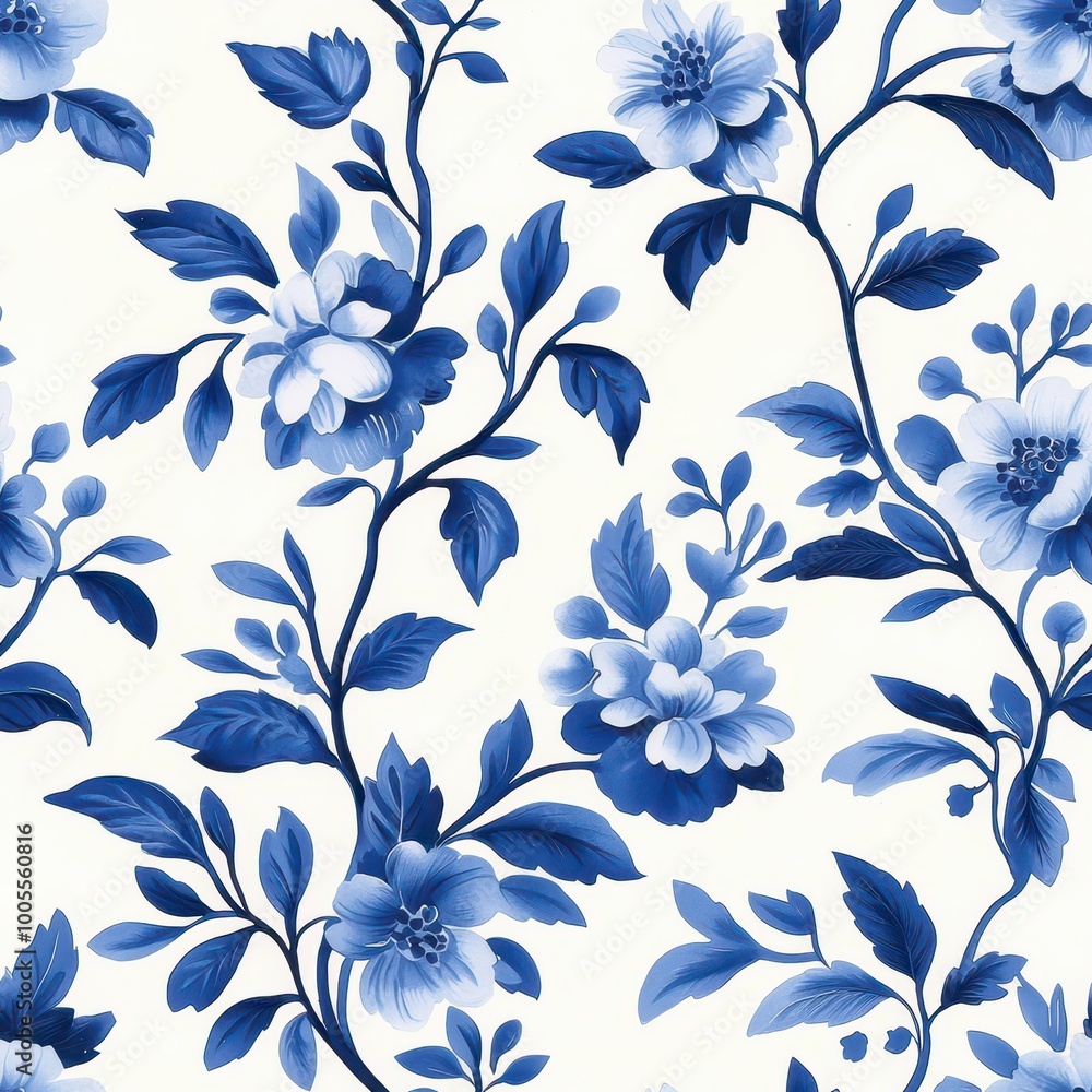 A blue floral pattern featuring intricate flowers and leaves on a light background, perfect for fabric or wallpaper designs. A blue floral pattern featuring intricate flowers and leaves on a light background, perfect for fabric or wallpaper designs.
