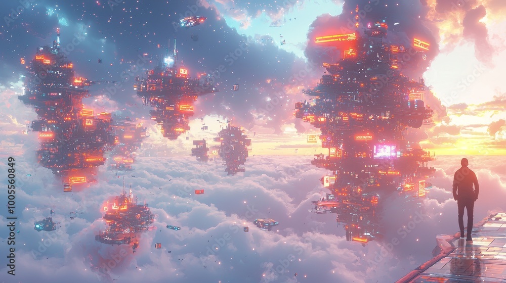 Obraz premium Futuristic cityscape with glowing skyscrapers floating above the clouds at sunset