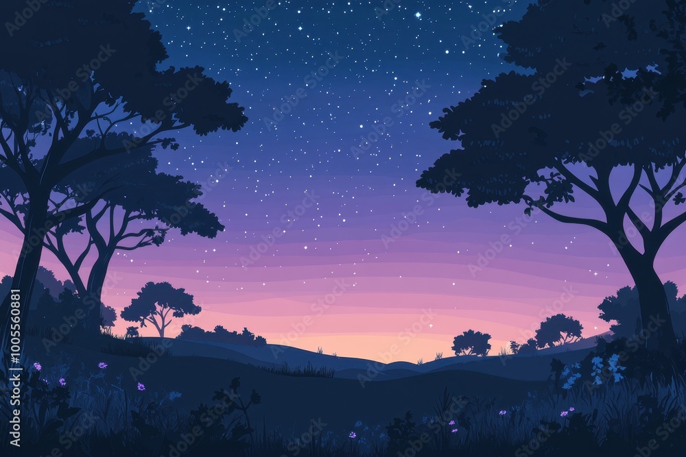 Silhouetted Trees Against a Starry Night Sky with Pink Sunset Hues Silhouetted Trees Against a Starry Night Sky with Pink Sunset Hues