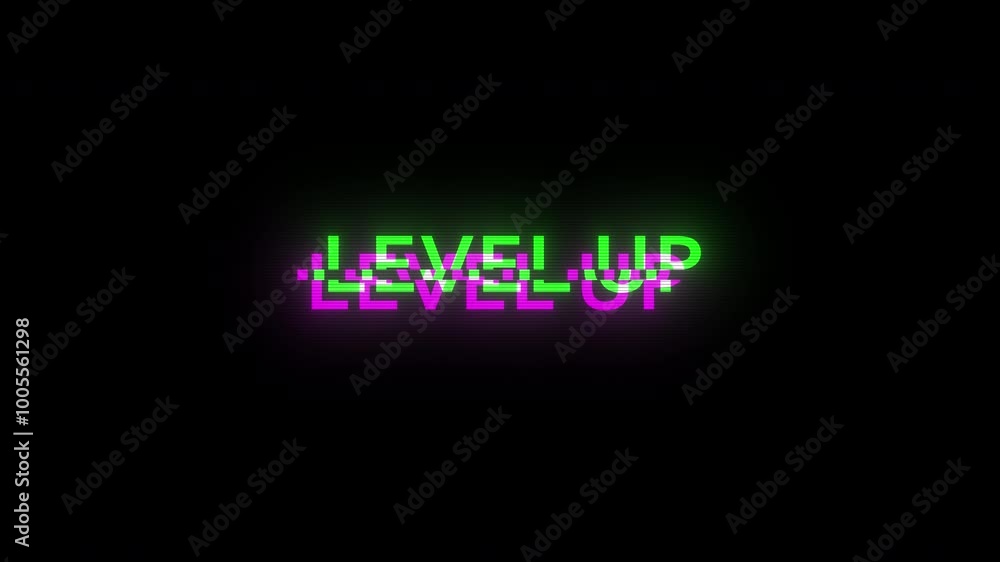LEVEL UP animation with glitch effect in RGB. Ideal for video games, digital ads, and game design. Seamless looped design. LEVEL UP animation with glitch effect in RGB. Ideal for video games, digital ads, and game design. Seamless looped design.