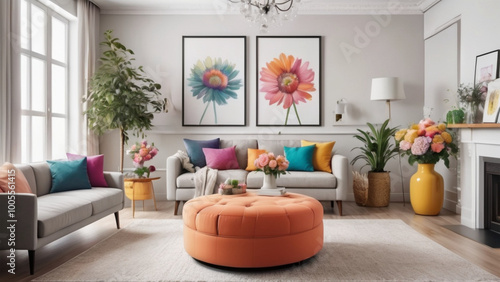 Stylish living room with a round ottoman, fresh floral arrangements, and colorful decor, creating a lively yet cozy atmosphere