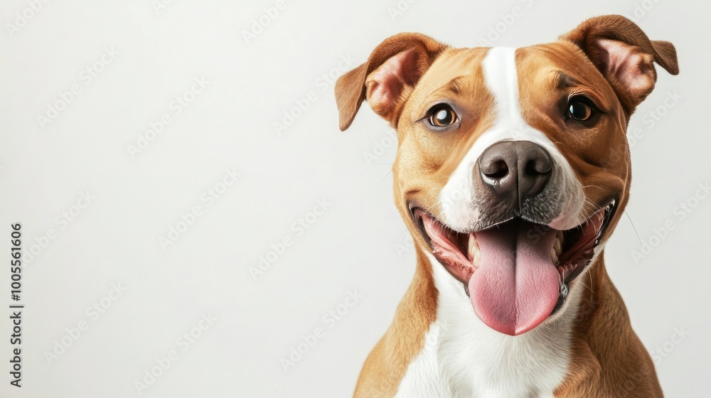 A cheerful dog, sitting calmly on a white background, gazes at the camera with its tongue out, showing a lively and joyful expression. A cheerful dog, sitting calmly on a white background, gazes at the camera with its tongue out, showing a lively and joyful expression.