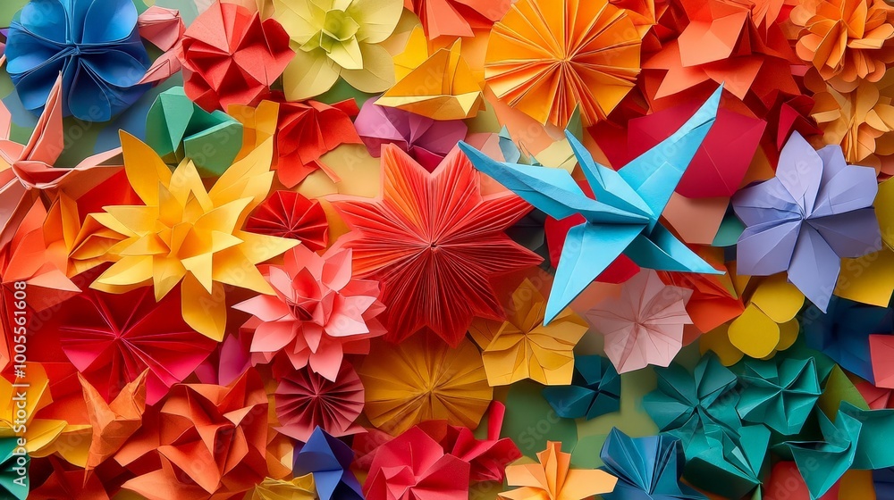 Naklejka premium A vibrant display of origami creations made from colorful paper, including cranes, flowers, and geometric shapes.