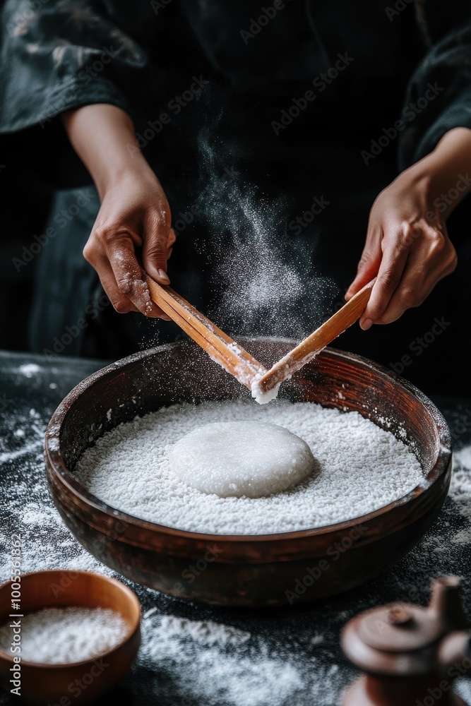 Fototapeta premium A person is preparing dough, skillfully using a wooden stick to mix flour in a rustic bowl, surrounded by a light dusting of flour.