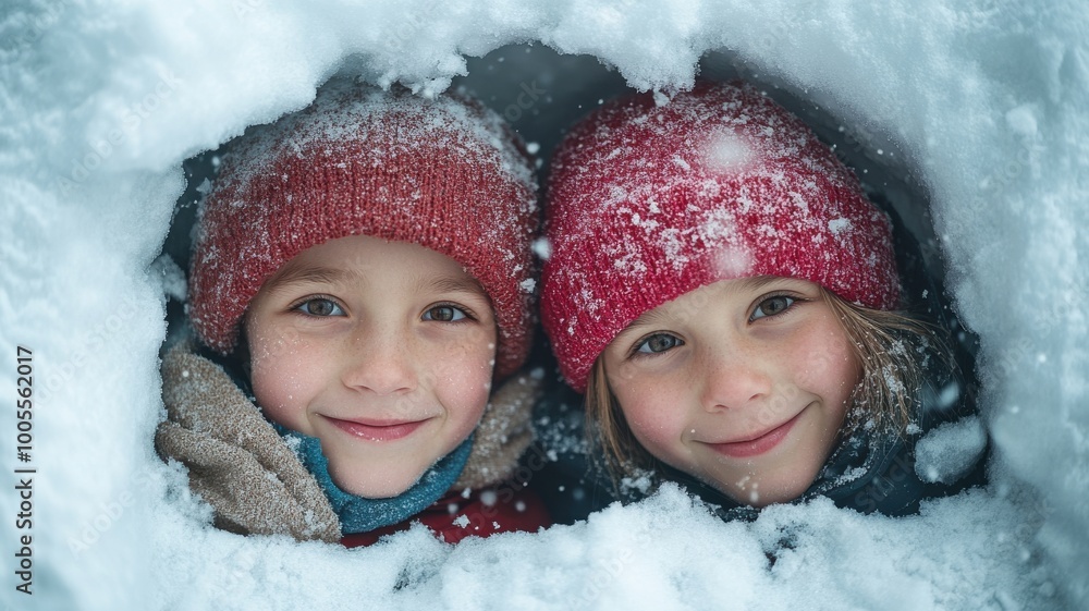 Two smiling children in winter hats surrounded by snow. Two smiling children in winter hats surrounded by snow.