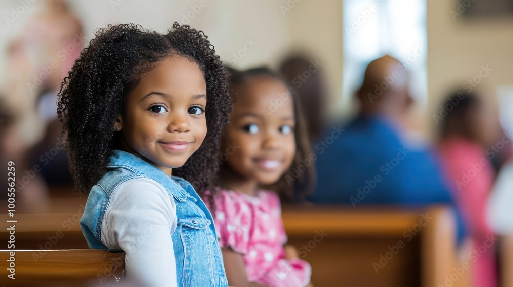 Two smiling children sitting in a church, enjoying the moment. Two smiling children sitting in a church, enjoying the moment.