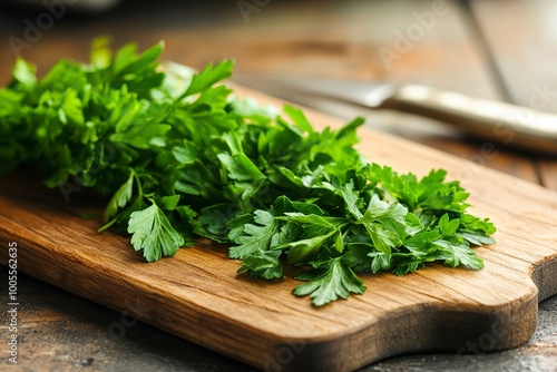 Chopping Fresh Parsley on Wooden Board, Cooking Action. Close-up, shallow dof. generative ai