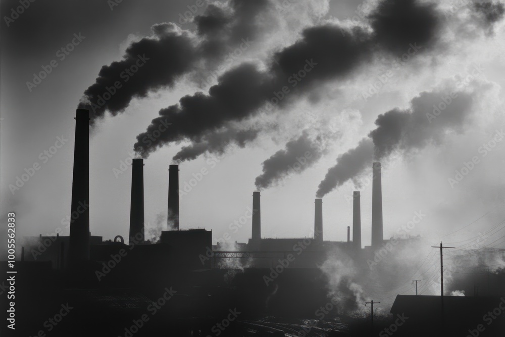 Industrial Smokestacks Releasing Thick Plumes of Smoke into a Cloudy Sky Industrial Smokestacks Releasing Thick Plumes of Smoke into a Cloudy Sky