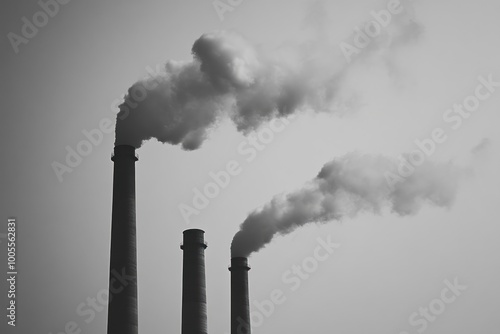 Black and white photograph of smoke billowing from industrial chimneys