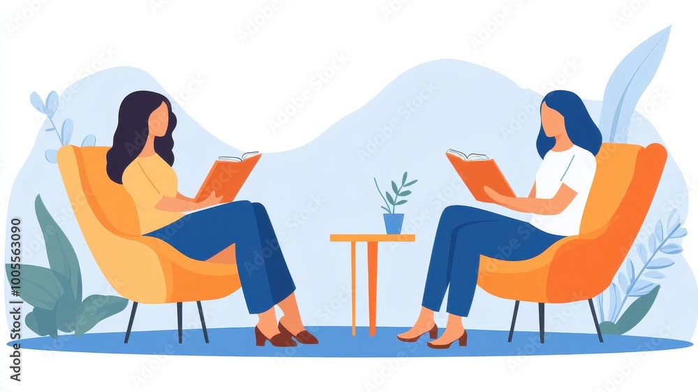 Fototapeta premium Two women reading books in modern chairs with potted plant, serene setting.