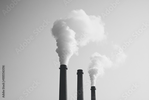 Three Industrial Smokestacks Emit Plumes of White Smoke Against a Clear Sky