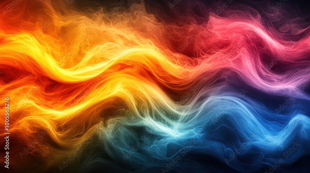 Obraz premium Colorful abstract waves of smoke blending in vibrant hues of orange, pink, blue, and yellow against a dark background