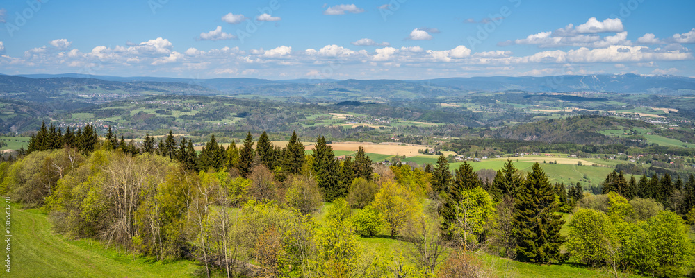 Fototapeta premium A panoramic view of the Krkonose mountains from Kozakov Mountain in the Bohemian Paradise, Czechia. The image captures a sunny day with a clear sky and rolling green hills.