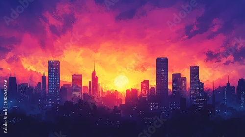 A vibrant sky over a bustling city skyline during sunset. The colorful hues of the setting sun create a striking contrast with the darkening silhouettes of the buildings.