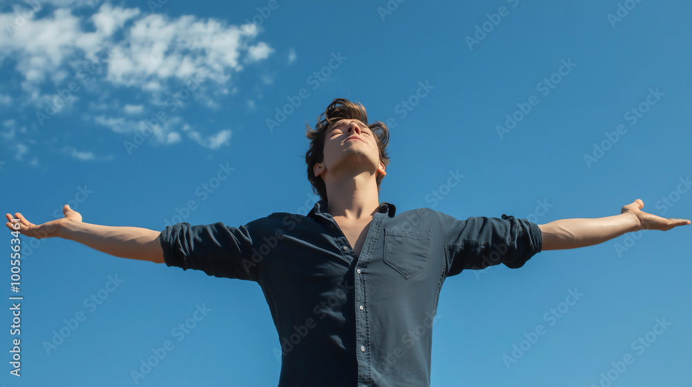 A young man stands with his arms outstretched against the blue sky, in a low-angle shot. Concept for well-being, health, lifestyle, relaxation, meditation, yoga, and self-care. A young man stands with his arms outstretched against the blue sky, in a low-angle shot. Concept for well-being, health, lifestyle, relaxation, meditation, yoga, and self-care.
