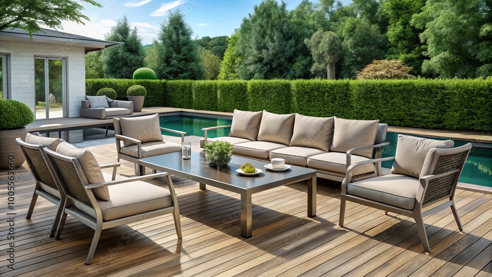 Fototapeta premium Elevate your outdoor living with this luxurious aluminum patio furniture set, designed for stylish relaxation and