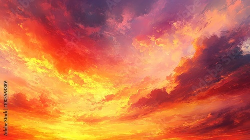 A vibrant sunrise scene with clouds painted in fiery hues of red, orange, and gold. The clouds reflect the intense colors of the sunrise, creating a dramatic and beautiful start to the day.